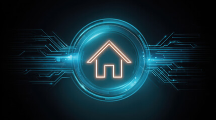 Neon home icon circuit background glass house blue glow technology interface smart home digital network futuristic glowing ring electronic lines connectivity home automation UI element cyber