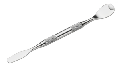 Stainless steel dental tool with textured handle and spoon end