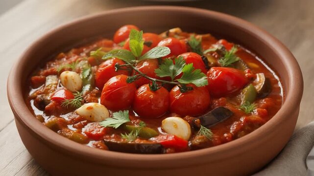 Rustic Mediterranean stew with cherry tomatoes, basil, and olive oil served in a clay bowl, highlighting healthy plant based cuisine and traditional comfort food.