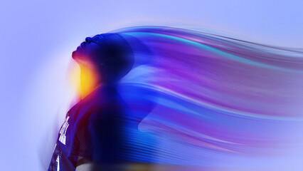 Abstract artwork of male portrait with flowing light trails and emotional energy. Concept of...