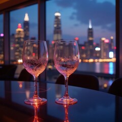 Wine glasses overlooking city lights