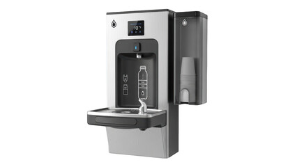 Silver and black water dispenser with digital display and cup holder water cooler