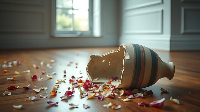 sedition. A shattered ceramic vase on a wooden floor with scattered flower petals in an empty room. wellbeing guides.