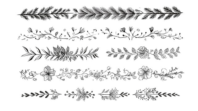 Christmas dividers set. Hand drawn ornamental winter holiday text decor border, Xmas floral underline, ornamental wedding card doodle separator with fir and holly branches. 