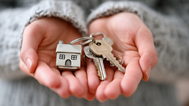 Offering new home keys, symbolizing home ownership, new beginnings, and dreams fulfilled for the future with keys and a miniature home.