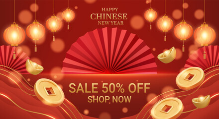 3D vector illustration of red fan with gold coins and sale 50 percent off text. Concept for chinese new year holiday promotion background. Luxury and premium festive design banner template.