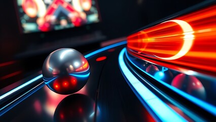 pinball. A silver pinball rolling on a glowing track and impacting a shiny bumper. event key visuals, club posters, designed for sports event promotions and stadium branding.
