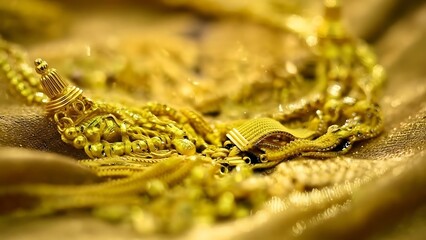 Intricate gold necklace with detailed craftsmanship displayed on a textured fabric