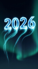 Glowing, turquoise number 2026 against a dark background with flowing light trails, representing futuristic concept, or a new year celebration