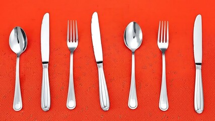 A collection of stainless steel cutlery on a red textured background