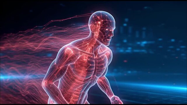 A futuristic figure of a running man, created from a glowing polygonal mesh and neural connections.