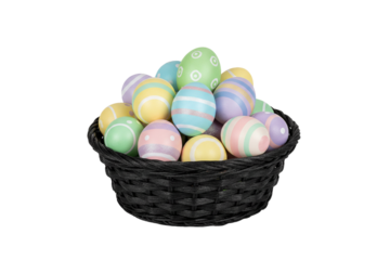  “Colorful Easter Eggs in Black Woven Basket, isolated on a transparent background”.