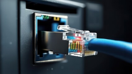Close-up of a blue Ethernet cable being plugged into a network port.