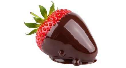 Single ripe strawberry dipped in dark chocolate with green leaves fruit