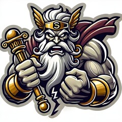 Menacing Zeus 3D style sticker on white background. High-quality graphic of Greek god Neptune with trident. Digital manual artwork, tattoo idea, and design print.
