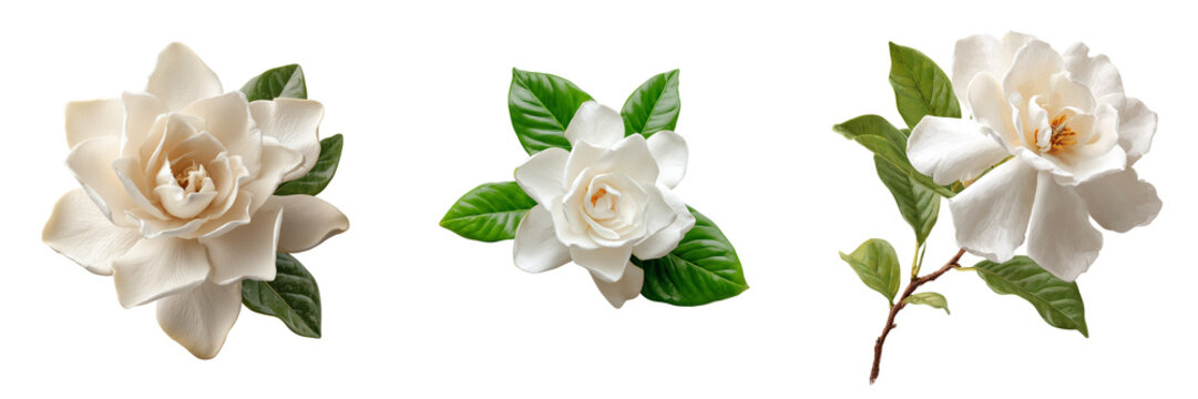 Three white gardenia flowers with green leaves isolated on a transparent background