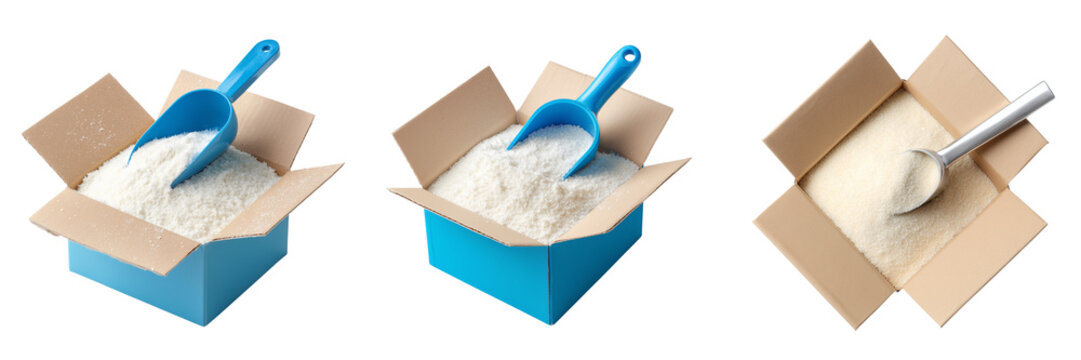 Three open cardboard boxes filled with white granular powder and scoops isolated on a transparent background