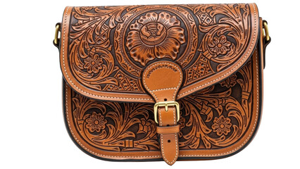Tooled leather shoulder bag with floral patterns and brass buckle purse handbag