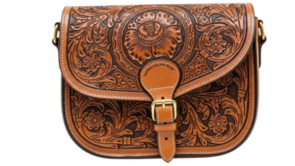 Tooled leather shoulder bag with floral patterns and brass buckle purse handbag