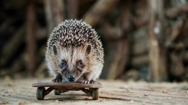 Macro image of a hedgehog standing on a skateboard Little hedgehog skateboarding