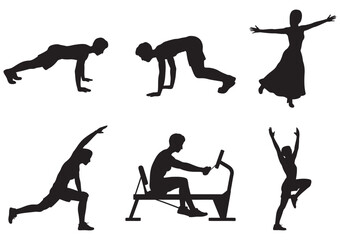 Diverse silhouette collection of people engaged in fitness and sports activities, ranking inspired artwork highlighting peak condition, disciplined exercise routines, competitive spirit, wellness goal