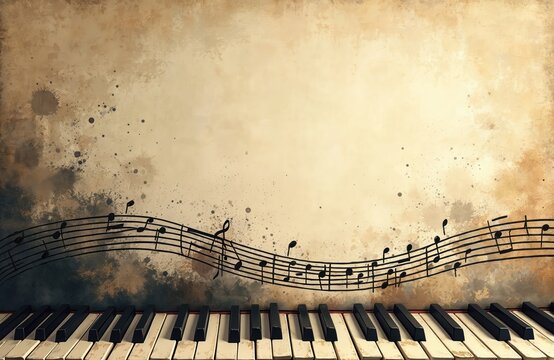 Piano keys and musical notes overlay textured background. Vintage design element for music related concepts. Abstract retro concept for classical music, jazz, or performance.