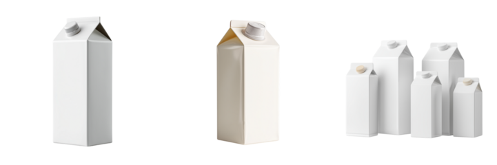 Collection of white gable top cartons with screw caps isolated on a transparent background milk juice
