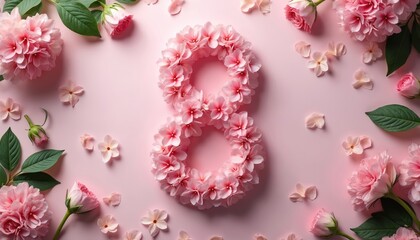 Pink number eight formed with delicate flowers, petals on soft pink background. Gentle rose buds, rich green leaves scattered around. Beautiful floral composition for greeting cards celebrations.