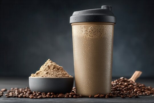 Protein shake with coffee flavor and powder in dark background setting