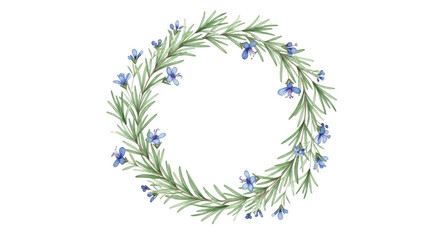 Watercolor rosemary wreath with small blue flowers on black green leaves herb