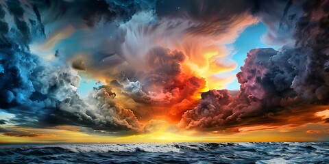Dramatic sunset over ocean waves coastal landscape digital art vibrant colors aerial view nature's beauty