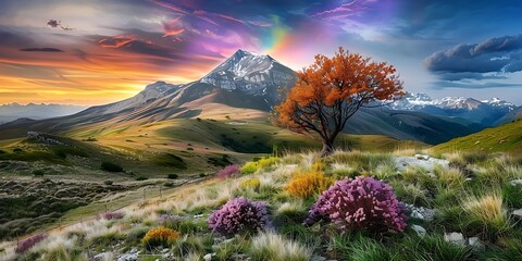 Breathtaking sunset over mountain landscape serene nature vibrant flora peaceful environment wide angle view