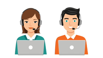 Two customer service representatives work on laptops with headsets on.