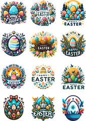 Set of colorful Happy Easter logos and stickers with eggs, flowers, and bunnies. High-quality vector-style graphic design for holiday prints and festive decor.