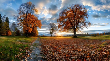 Golden hour sunset over autumn landscape nature photography scenic view serene environment