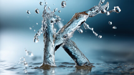 A dynamic image shows the letter 'K' artistically crafted from water, frozen mid-splash in a bright, aquatic-themed ambiance.