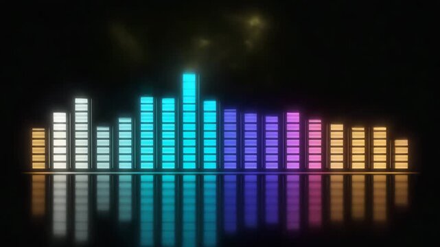  Seamless looping animation of a glowing music equalizer moving rhythmically to an unseen beat Bars pulse up and down dynamically with smooth, synchronized motion, reflecting on a polished 4K