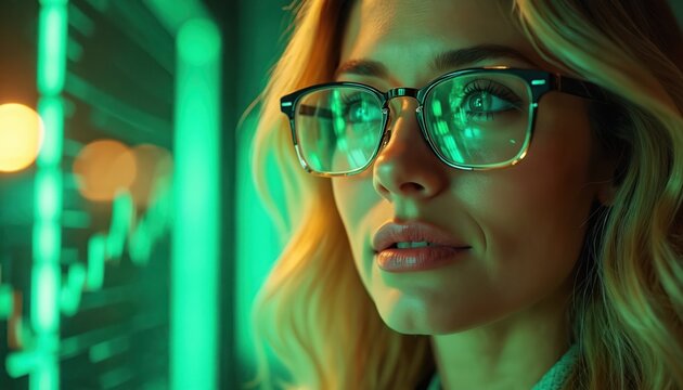 Woman in glasses analyzes stock market charts on glowing green screen, representing financial success, growth. Appears focused, determined, embodying modern business pro navigating digital economy, - Powered by Adobe