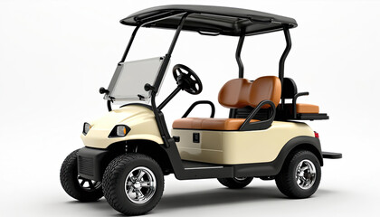 Cream colored golf cart with brown seats isolated on white. Electric vehicle for golf courses and resorts. Compact transport for outdoor leisure.