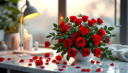 Fototapeta premium Valentine’s floral bouquet on a designer workspace