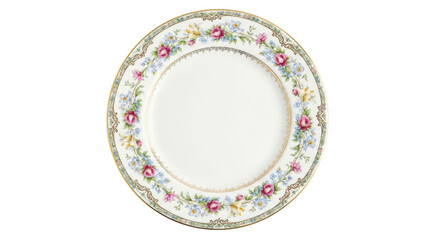 White porcelain plate with pink roses and blue flowers floral border ceramic dish