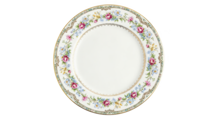 White porcelain plate with pink roses and blue flowers floral border ceramic dish