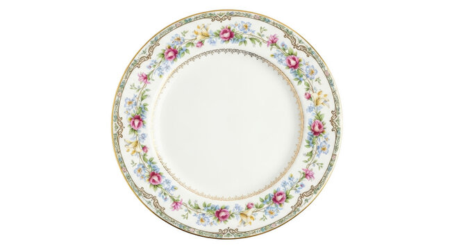 White porcelain plate with pink roses and blue flowers floral border ceramic dish