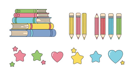 Colorful illustration of books, pencils, stars, and hearts on white background Image