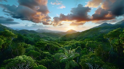 Serene sunset over lush green landscape tropical forest nature photography vibrant color palette panoramic view
