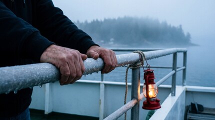 Hands gripping frosted railing on boat with glowing red lantern