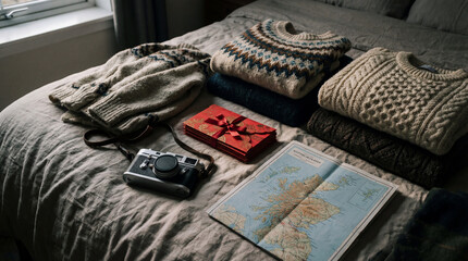 Travel essentials including sweaters camera map on bed