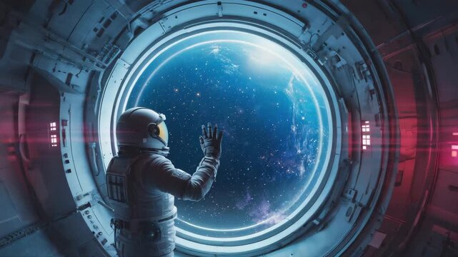  Slow cinematic dolly movement toward the astronaut&rsquo;s back as they stand before the massive circular window, staring into the star-filled galaxy The camera gently glides forward, revealing 4K 