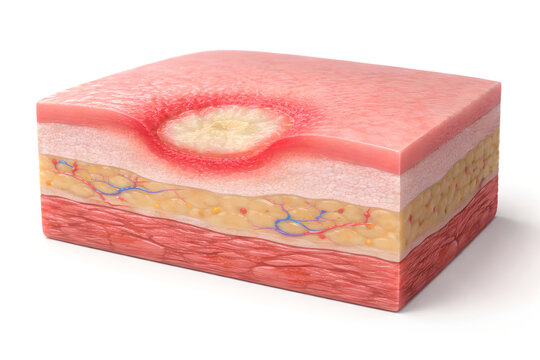 Photorealistic 3D clinical-style intraoral view of an aphthous ulcer on the inner lower lip, small shallow oval lesion with whitish center and mild red margin