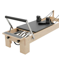 Wooden Pilates Reformer machine with black padding and metal springs exercise equipment